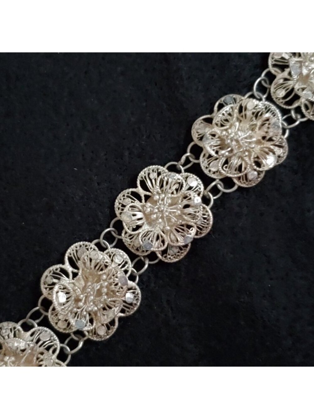 Vintage Sterling Silver Cannetille Filigree Bracelet Floral Link 6.5"